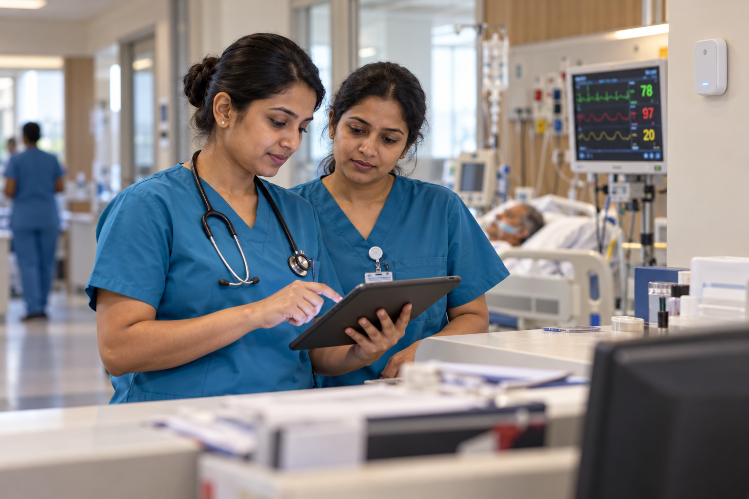 Nurses reviewing a tablet beside a patient monitor and connected room sensor