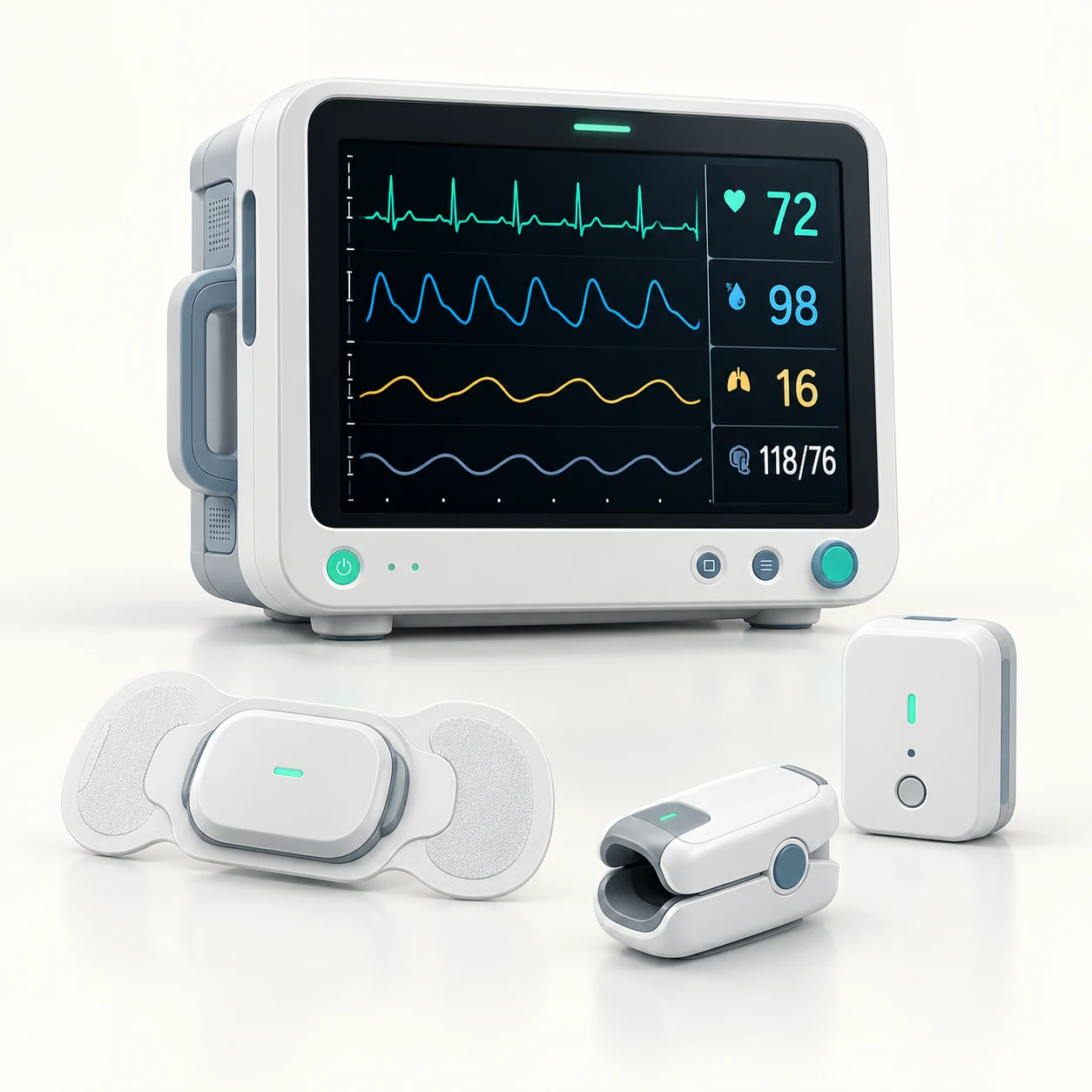 Vital signs monitor, wearable patch, and pulse oximeter for patient monitoring